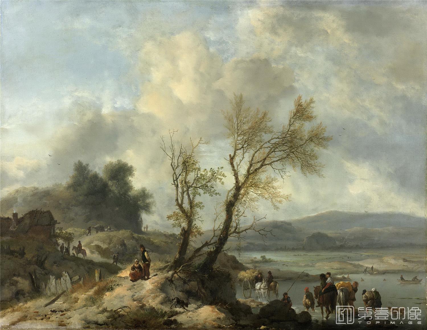 油画-荷兰阿姆斯特丹国家美术馆-Wouwerman Philips Landschap met zandweg langs een rivier 1650-1668-1955